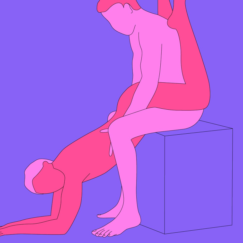 A naked illustrated couple in a downward doggy style position.